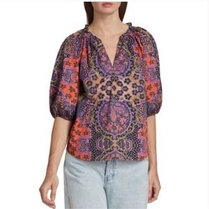 Xirena Womens Jules Puff Sleeve V Neck Cotton Blouse Size M Boho